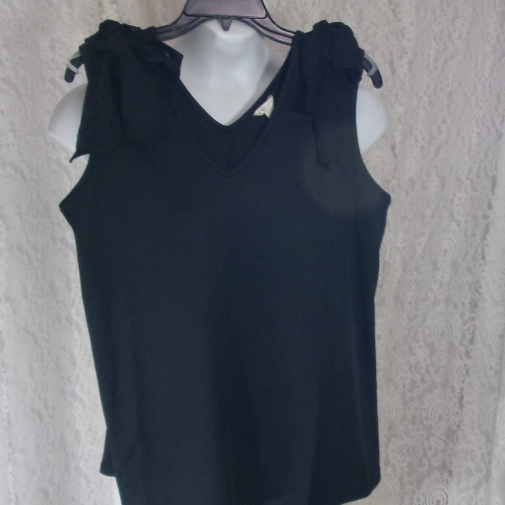 Cato Sexy Black Knit Top Blouse Chiffon Bows on Shoulder  NWT
